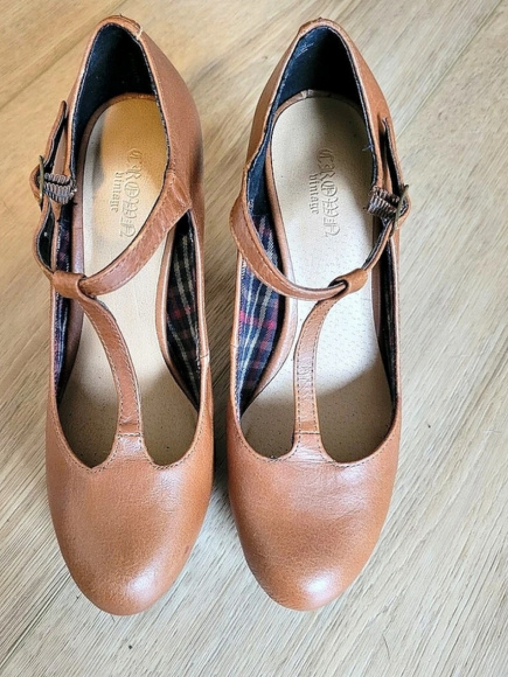 Crown Vintage Tess Cognac Brown Leather T-Strap Block Heel Pumps Retro Size 6 - Picture 2 of 5